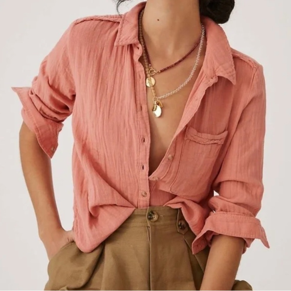 PILCRO Anthropologie Terra Cotta Salmon Cotton Gauze Button Down Shirt Sz Small